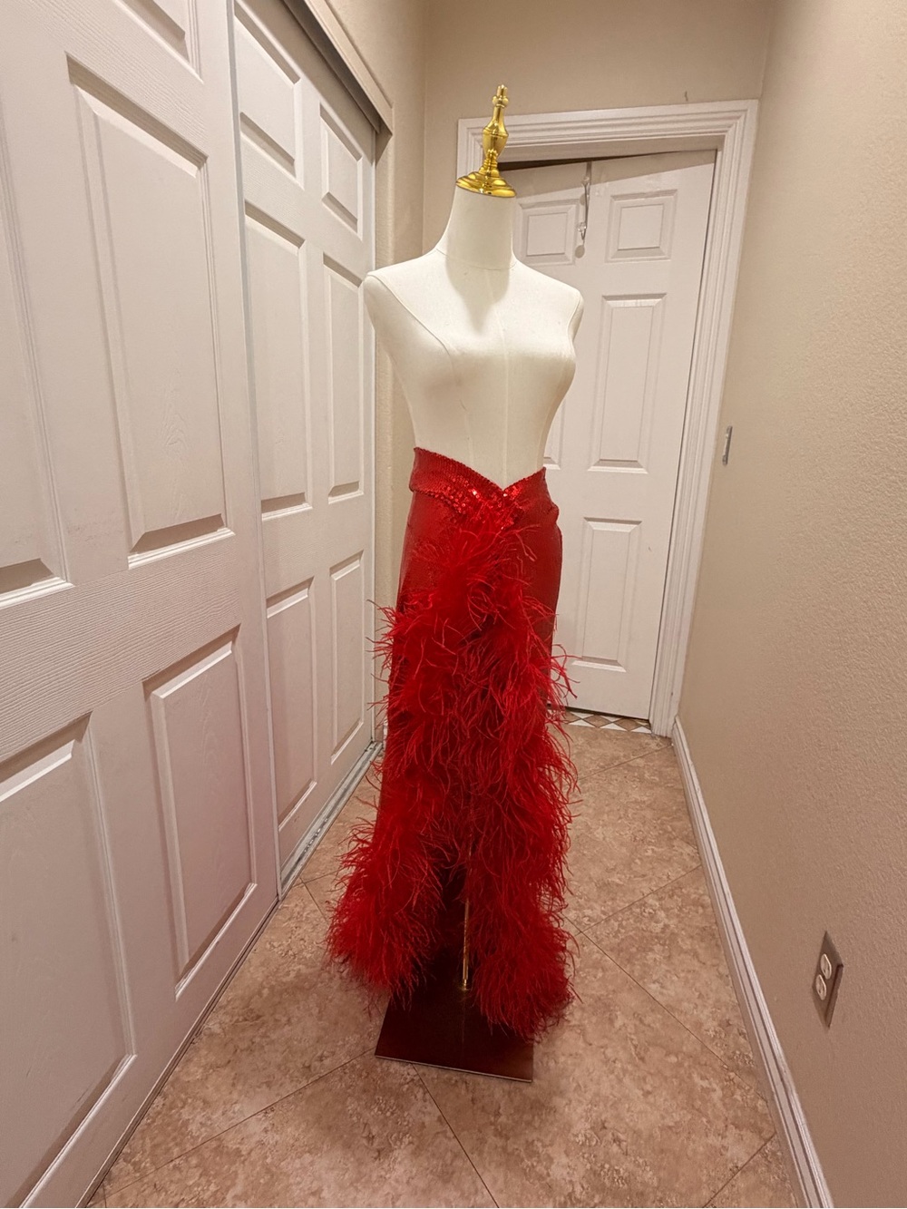 Elegant Red Feather-Trim Maxi Skirt